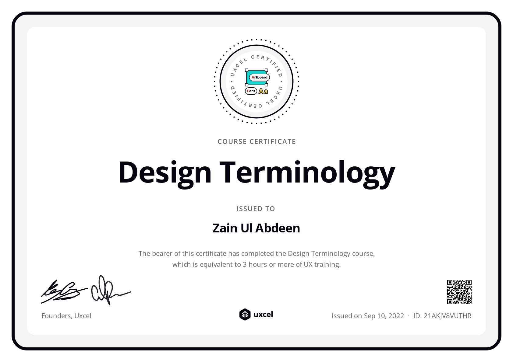 Zain Ul Abdeen's certificate